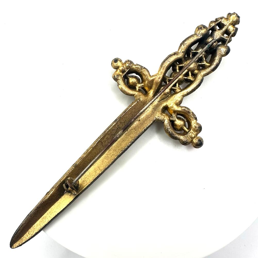 Antique vintage massive 5” gold tone multicolor rhinestones sword dagger brooch - Picture 6 of 7